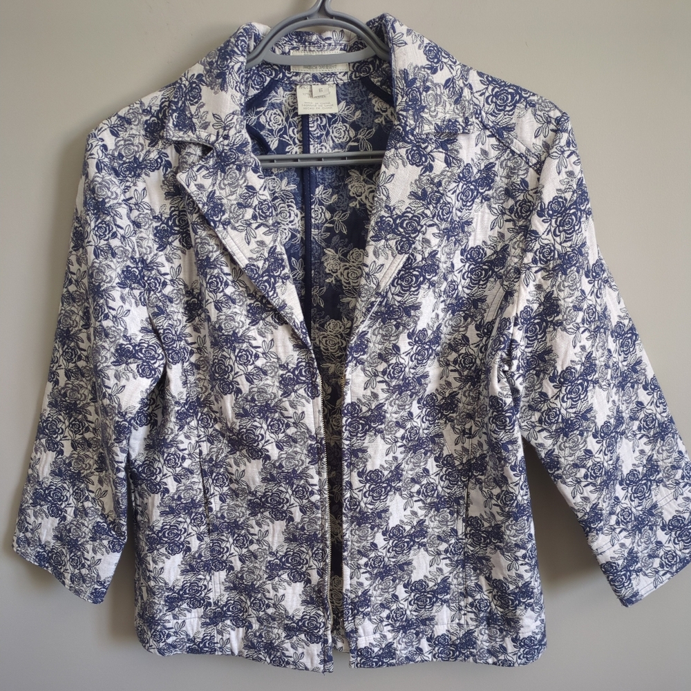 FDJ French Design Floral Tapestry Fitted Jacket‎ Blazer Blue White Size 6